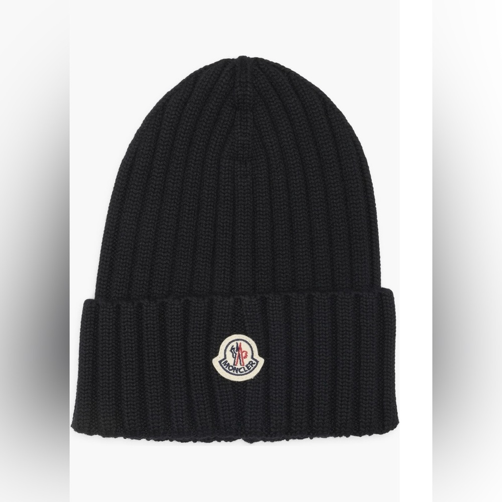 Moncler Black Knit Hat with Logo